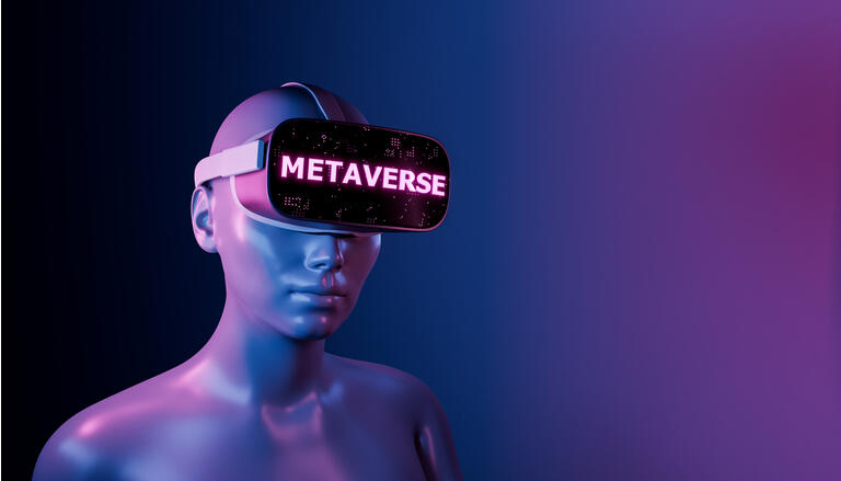 3d girl with virtual reality glasses and metaverse