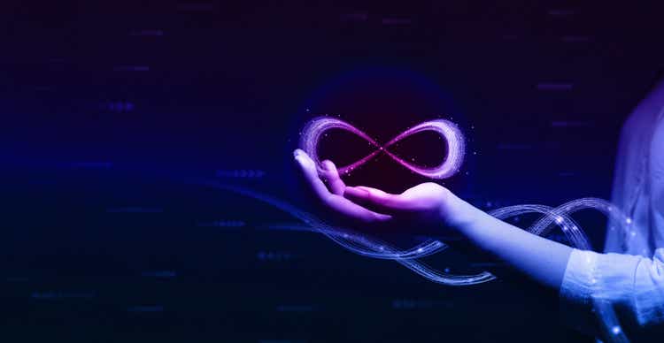 Metaverse Technology concepts. Hand holding virtual reality infinity symbol.New generation technology.Global network technology and innovation.