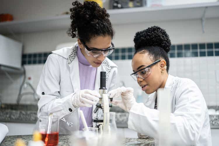 Teenage student using the microscope in the laboratory