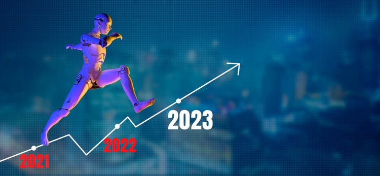 Digital marketing business finance data analytics graph chart report, investment, financial management technology, 3D robot jumping with 2022 2023 new year economy business company growth