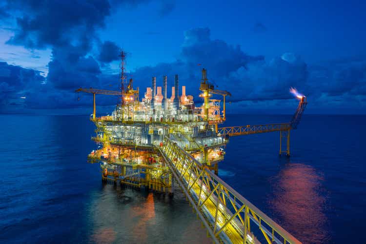 Offshore oil and gas central processing platform where produced crude oil condensate and gases for set to onshore refinery and petroleum industry.
