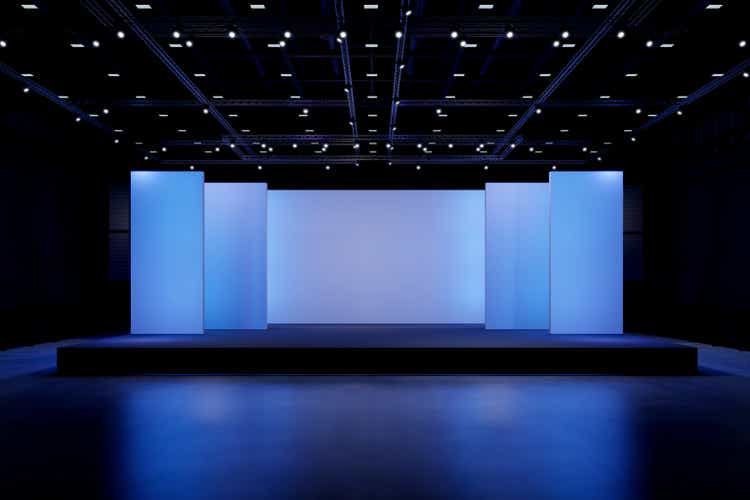 Empty stage Design for mockup and Corporate identity,Display.Platform elements in hall.Blank screen system for Graphic Resources.Scene event led night light staging.3d Background for online Event,conference,live.3 render.