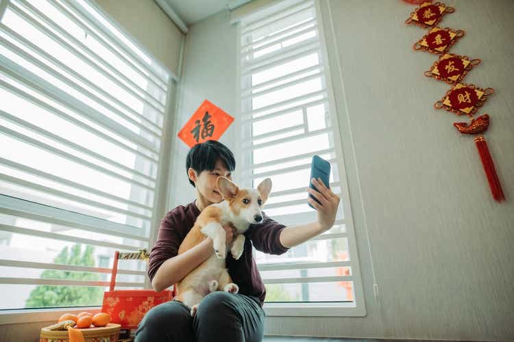 Asian chinese smiling female sitting and selfie with her dog in living hall during chinese new year