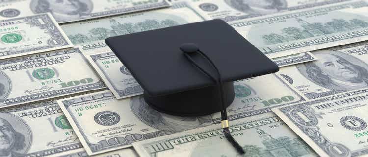College cost, student loan, scholarship. Graduate cap on dollar banknotes. 3d illustration