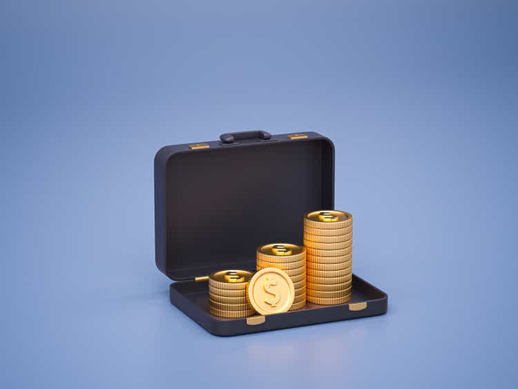 3d gold coins in black briefcase on gray background. 3D illustration rendering.