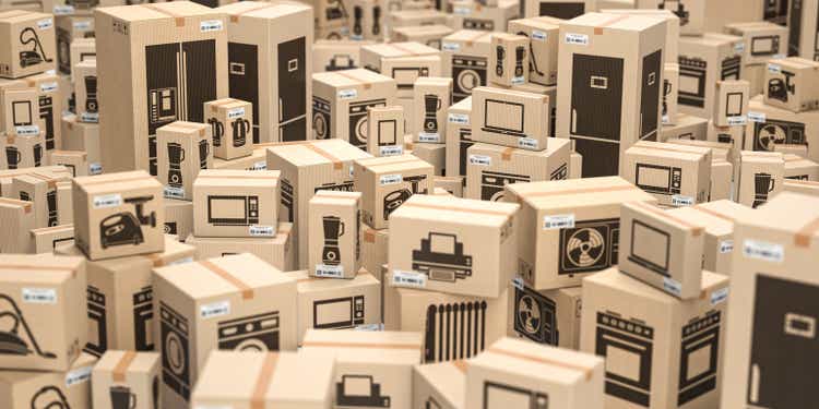 cardboard boxes with household kitchen appliances and home technics. E-commerce, internet online shopping and delivery concept.