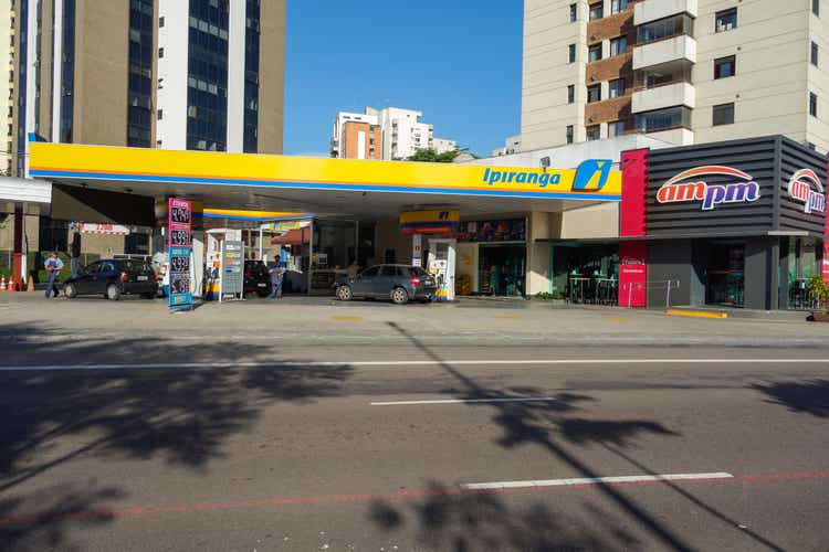 Sao Paulo, Brazil: front view of brazilian oil company and gas station Ipiranga. Brand logo