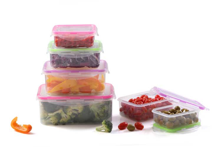 Various plastic containers for storing food and fruit