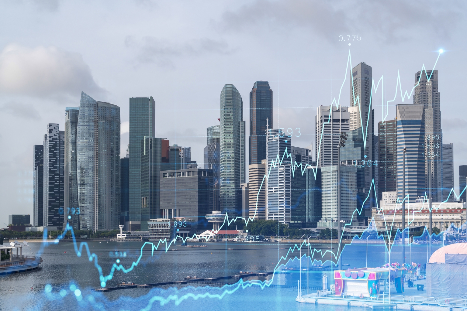 Financial stock chart hologram over panorama city view of Singapore, business center in Asia. The concept of international transactions. Double exposure.