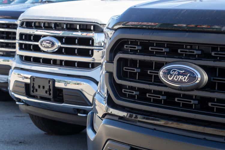 Ford F-Series Trucks Display. The Ford F-150, Super Duty F-250, F-350 and F-450 are the best selling trucks in the US.