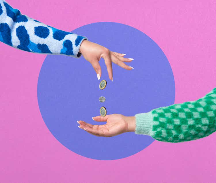 Collage image of hand throwing coins into another hand