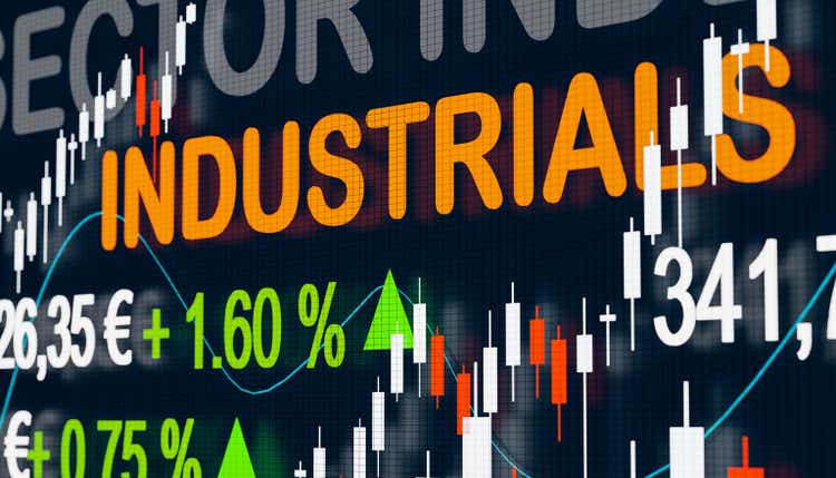 Stock Market Industrials Index. Trading screen with a sector index for Industrials, quotes, charts and changes.