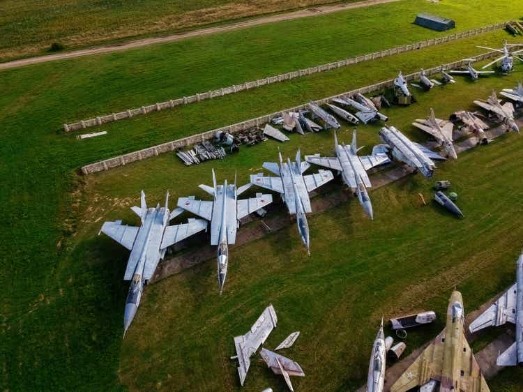 Aerial view of military aircrafts in the airfield