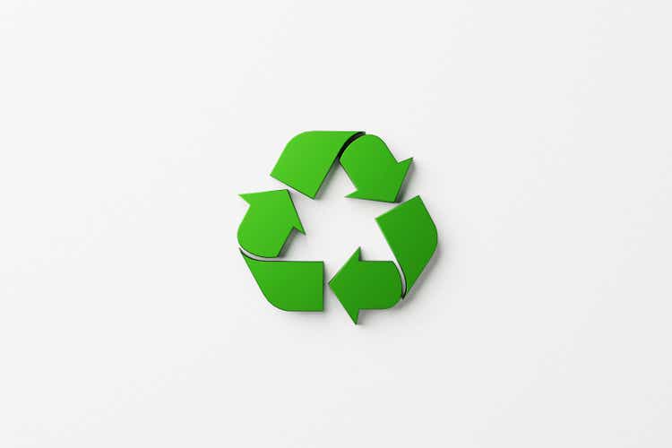 Reuse, reduce, recycle concept. Top view of recycle symbol on white paper background. 3D illustration