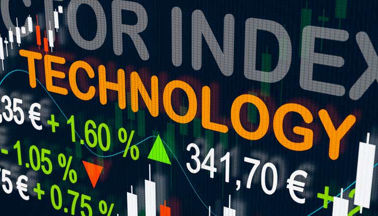 Stock market technology index. Trading screen with technology sector indices, quotes, charts and changes.