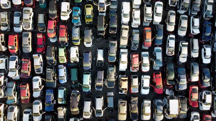 aerial view of a scrapyard. The old cars are placed in rows