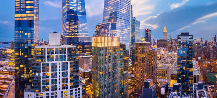 Aerial panorama of New York City skyscrapers at dusk