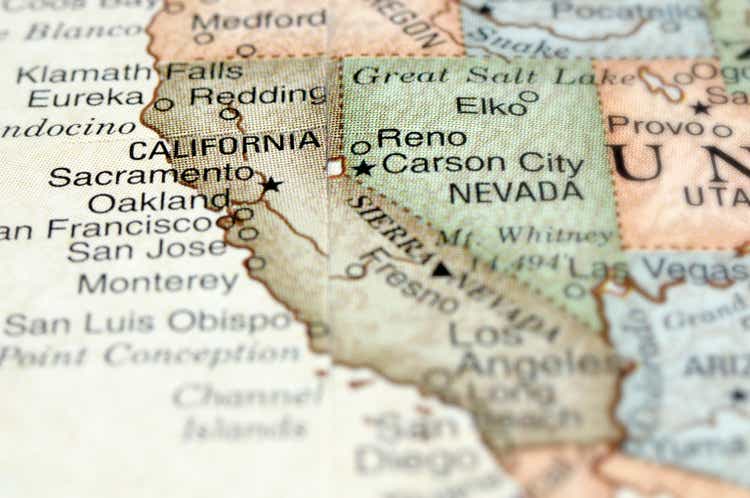 Close-up of California on a map