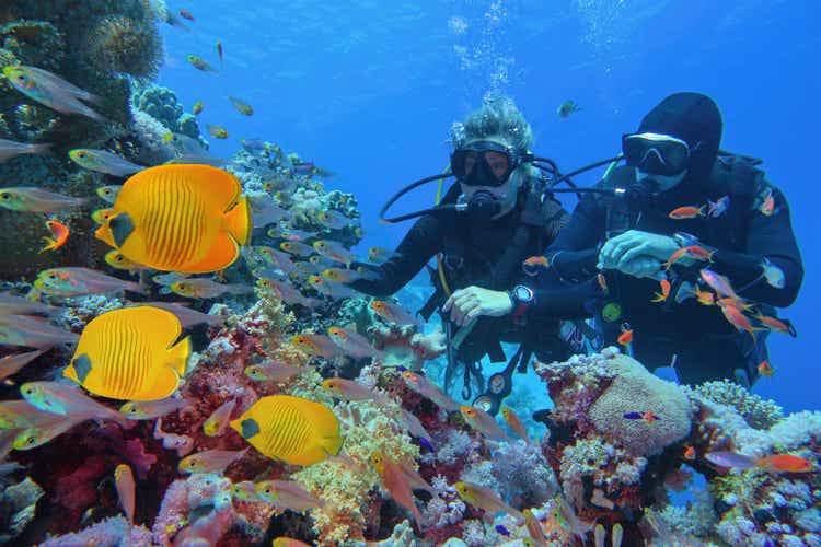 Scuba divers couple near beautiful coral reef surrounded with shoal of coral fish and three yellow butterfly fish