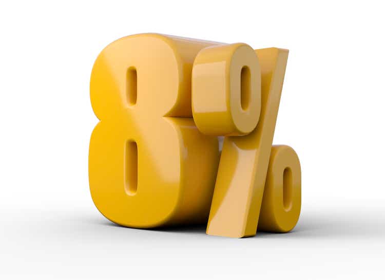 8% 3d illustration. Orange eight percent special offer on white background