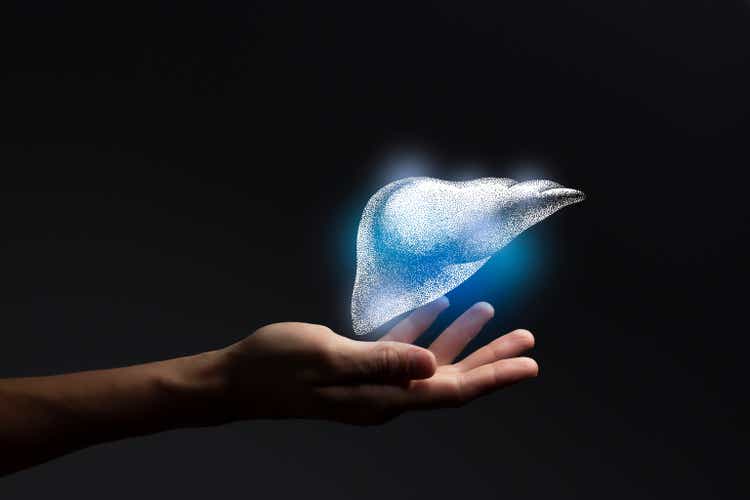 Aesthitic handdrawn illustration of human liver highlighted blue. Photo collage with female hand on dark studio background.
