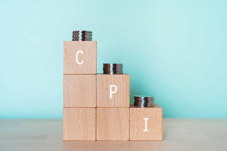 Wooden blocks with "CPI" text of concept and coins.