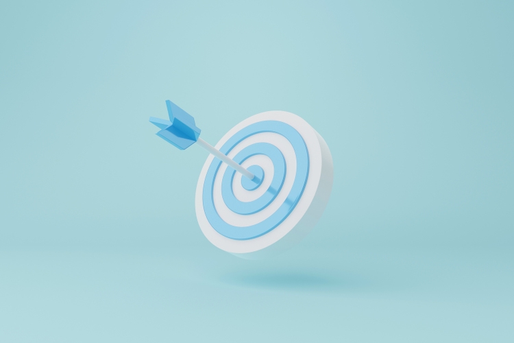 Goal achievement. Ambition aiming growth to success. Dartboard and arrow on light blue background. 3d rendering illustration