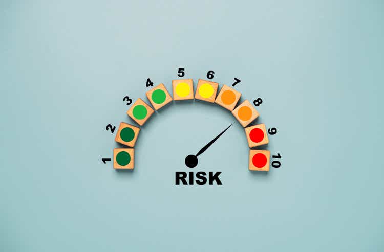 Risk level indicator rating print screen wooden cube block since low to high on blue background for Risk management and assessment concept.