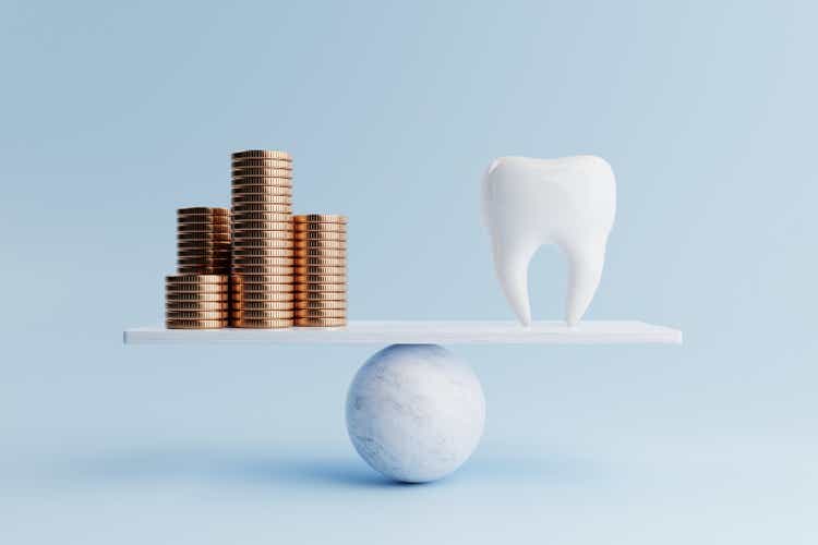 Dental tooth and golden coin on balancing scale on blue background. Health care and financial concept. Money-saving and cash flow theme. 3D illustration rendering