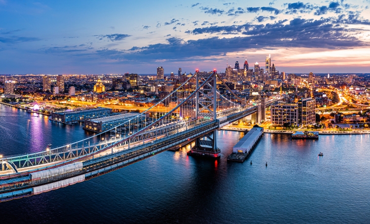 Aerial panorama with Ben Franklin Bridge and Philadelphia skyline