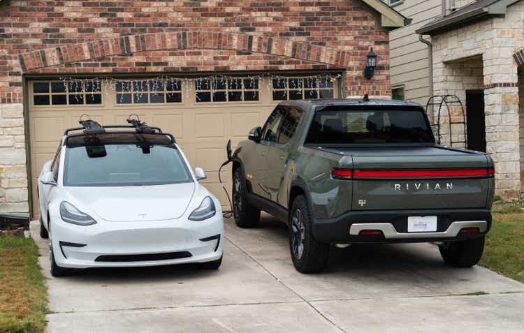 Rivian R1T Electric Pick Up Truck and a Tesla Model 3
