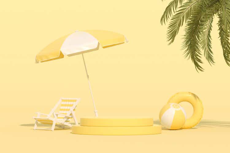 Summer podium showcase product presentation with beach umbrella and palm tree on yellow background