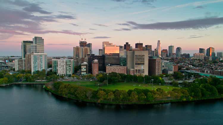 Aerial View of Lederman Park, Mass General and Boston West End at Sunset