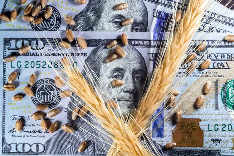 US-Dollar und reife Ähren und Samen von gelbem Weizen