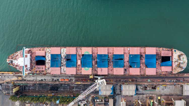 Aerial top view container ship in shipyard for repair maintenance