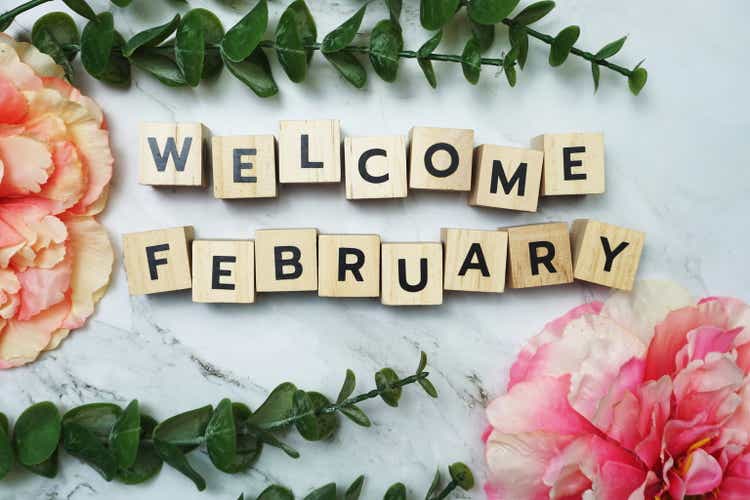 Welcome February alphabet letter with green leave and pink flower flat lay on marble background