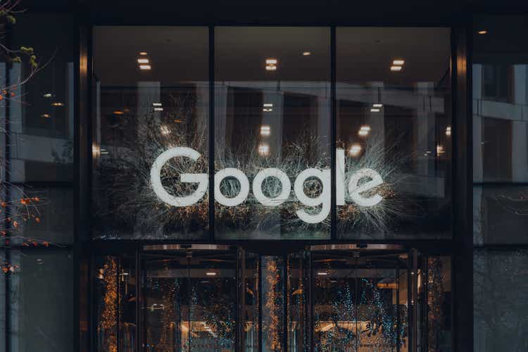 Name sign above the entrance of Google offices in London, UK.