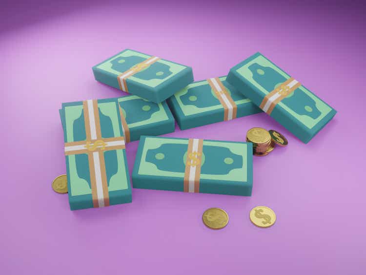3d bundles of dollar bills in a bank package on a purple background