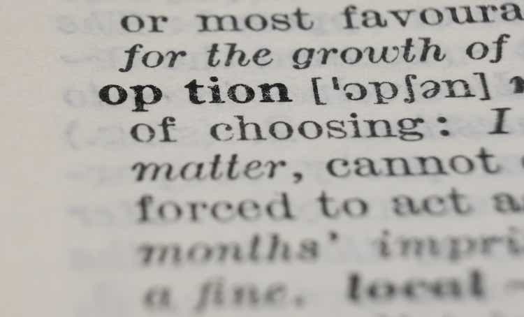 Option dictionary definition close-up. Shallow depth of field.