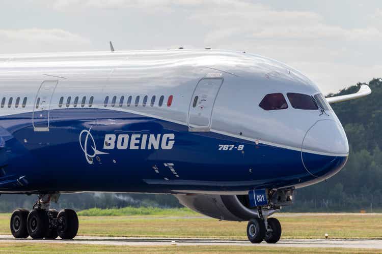 Boeing 787-9 Dreamliner airliner aircraft on the runway at Farnborough Airport.