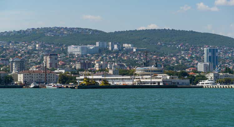 View of Novorossiysk Embankment of Admiral Serebryakov and the building of Marine Station from side of Western mole.