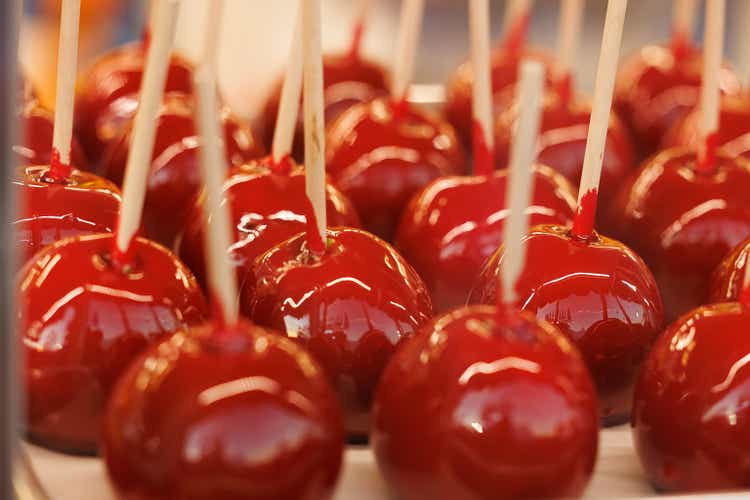 CU. Rows of delicious red candy apples