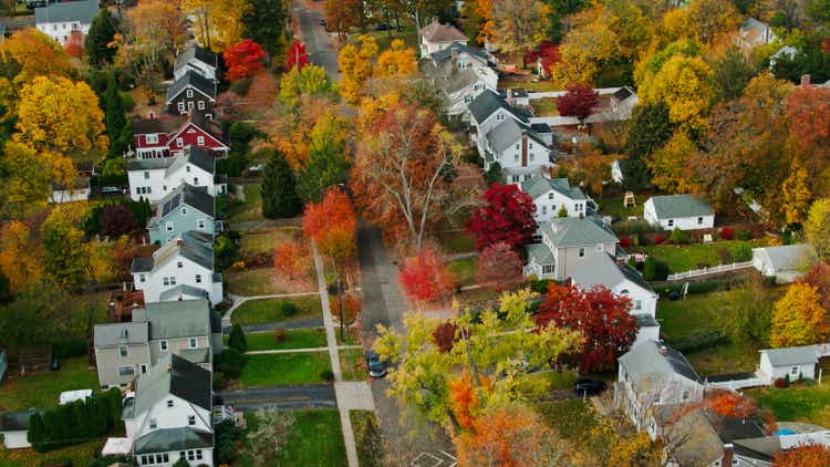 Quiet Street in Stamford, CT in Fall - Aerial