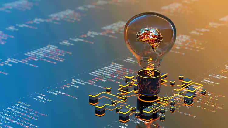 Artificial Intelligence digital concept abstract brains inside light bulb