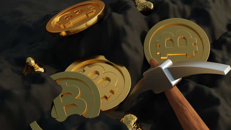 Bitcoin mining concept. Bitcoins with pickaxe.