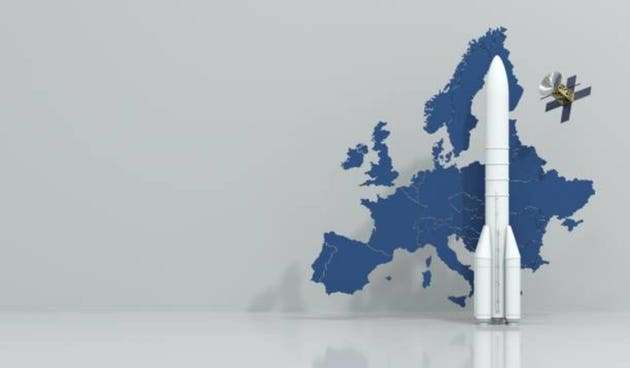 European rocket with satellite in front of the europe map