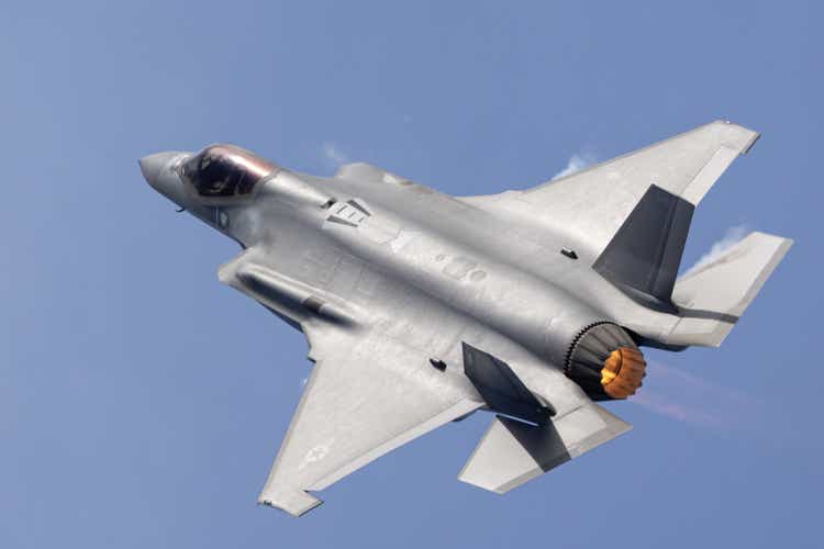 Close top view of a F-35C Lightning II with afterburner on