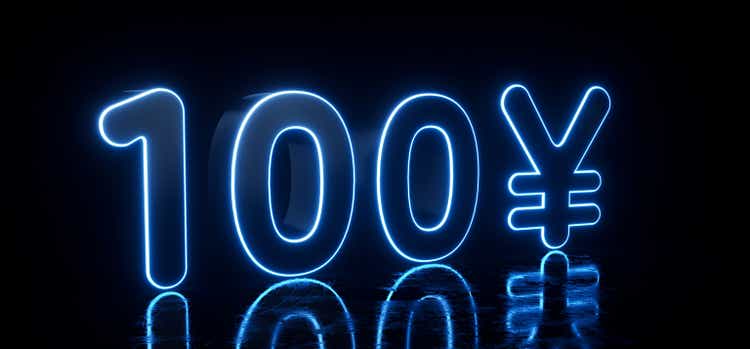 Black 100¥ Japanese Yen Sign With Futuristic Glowing Blue Neon Lights - 3D Illustration