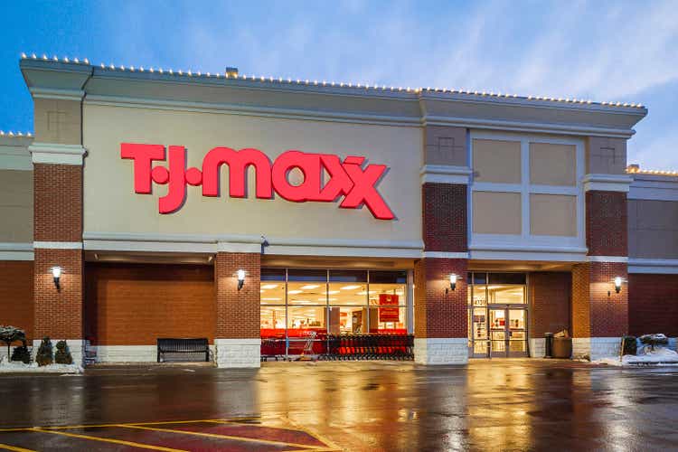 New Hartford, New York - January 23, 2022: Horizontal View of the T.J.Maxx Storefront and Logo