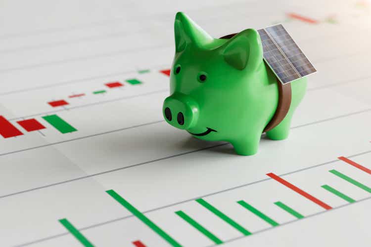 Green Investing Piggy Bank with solar panels and Candlestick Graph